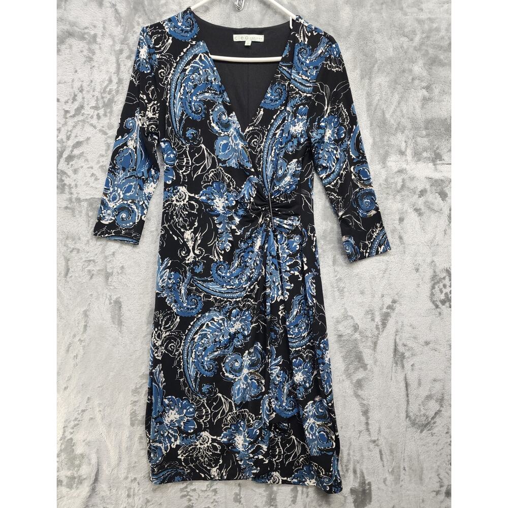 Cleo Petites‎ Dress Womens S Blue Black Floral Faux Wrap Stretch Jersey Preppy